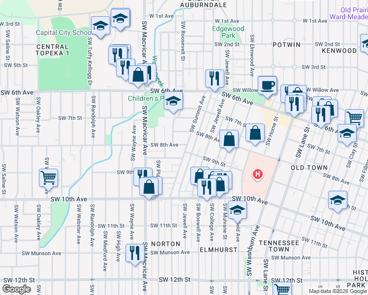 map of restaurants, bars, coffee shops, grocery stores, and more near 2222 Southwest Wilmington Court in Topeka