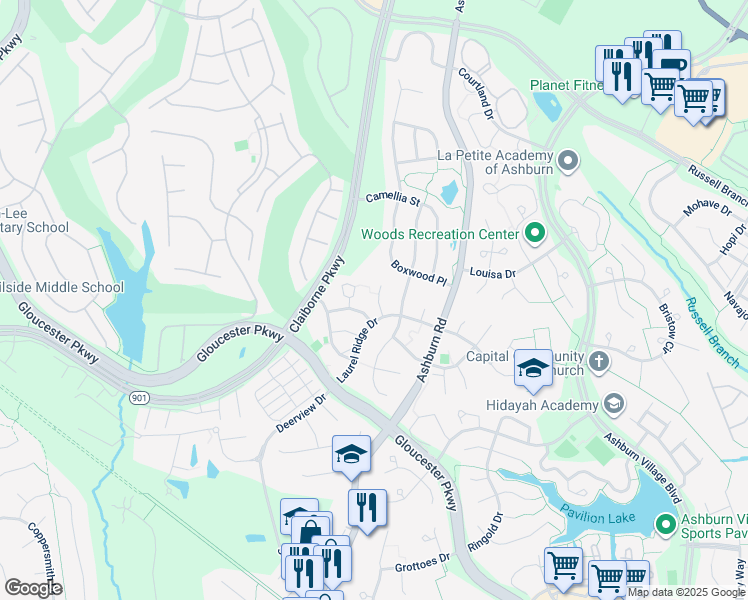 map of restaurants, bars, coffee shops, grocery stores, and more near 20287 Glenrobin Terrace in Ashburn