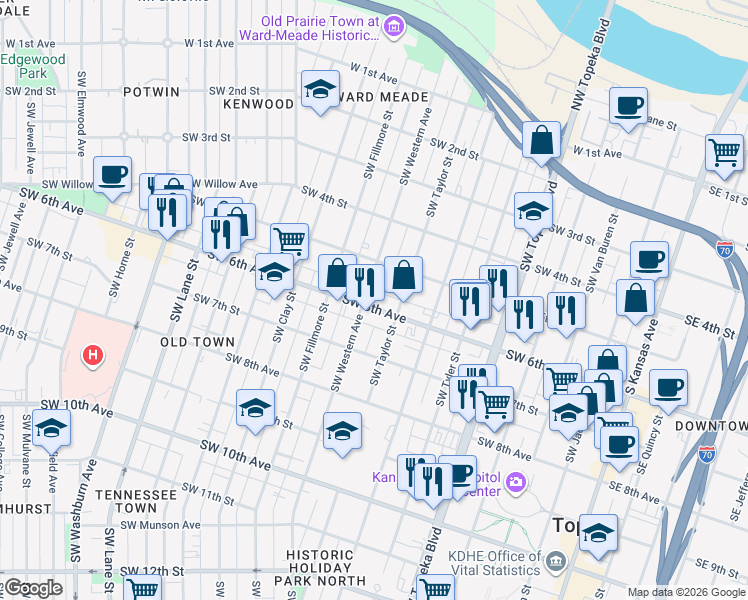map of restaurants, bars, coffee shops, grocery stores, and more near 820 Southwest 6th Avenue in Topeka
