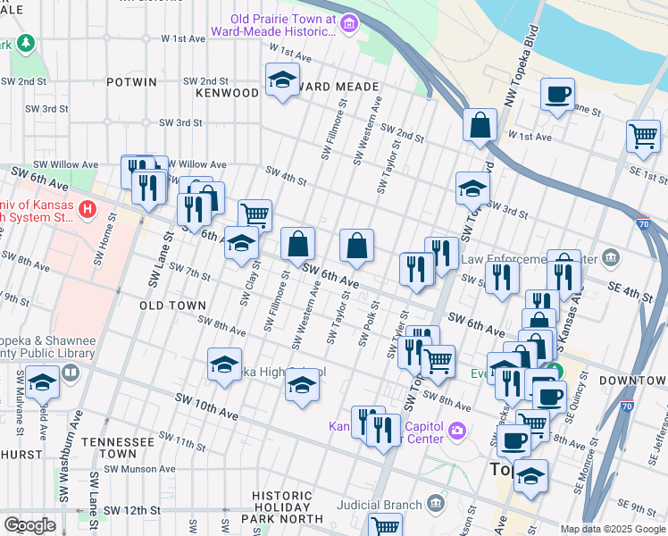 map of restaurants, bars, coffee shops, grocery stores, and more near 814 Southwest 6th Avenue in Topeka