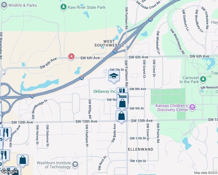 map of restaurants, bars, coffee shops, grocery stores, and more near 731 Southwest Fairlawn Road in Topeka