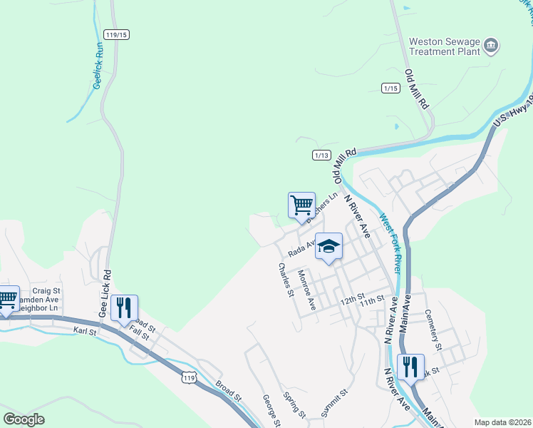 map of restaurants, bars, coffee shops, grocery stores, and more near 297 Butchers Lane in Weston