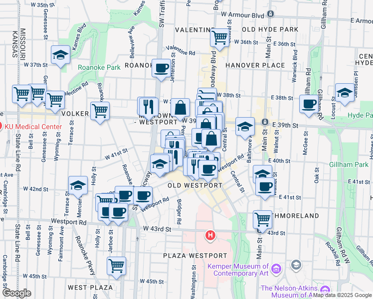 map of restaurants, bars, coffee shops, grocery stores, and more near 522 West 39th Terrace in Kansas City