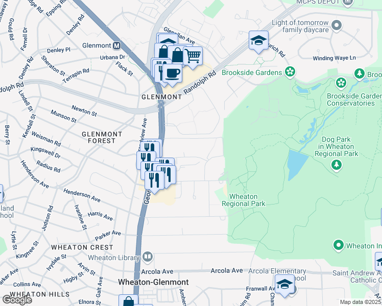 map of restaurants, bars, coffee shops, grocery stores, and more near 2217 Georgian Way in Silver Spring