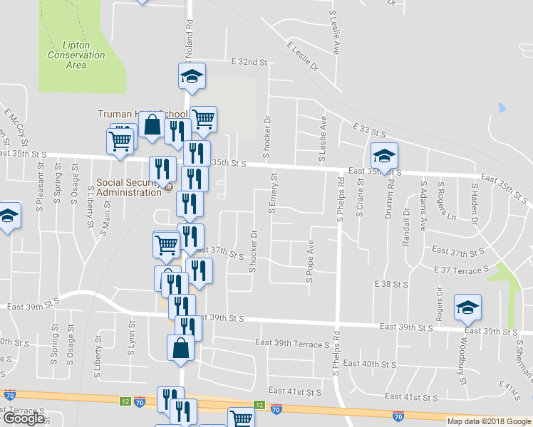 map of restaurants, bars, coffee shops, grocery stores, and more near 3604 South Emery Street in Independence