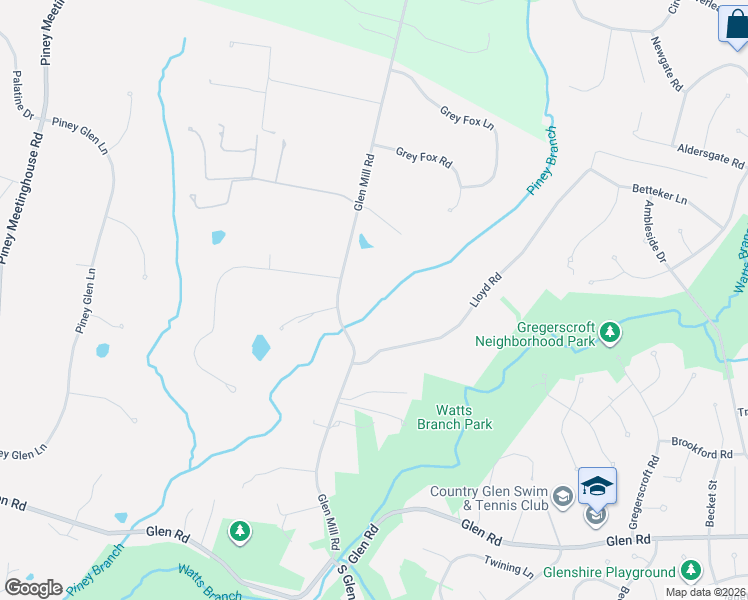 map of restaurants, bars, coffee shops, grocery stores, and more near 12105 Glen Mill Road in Potomac