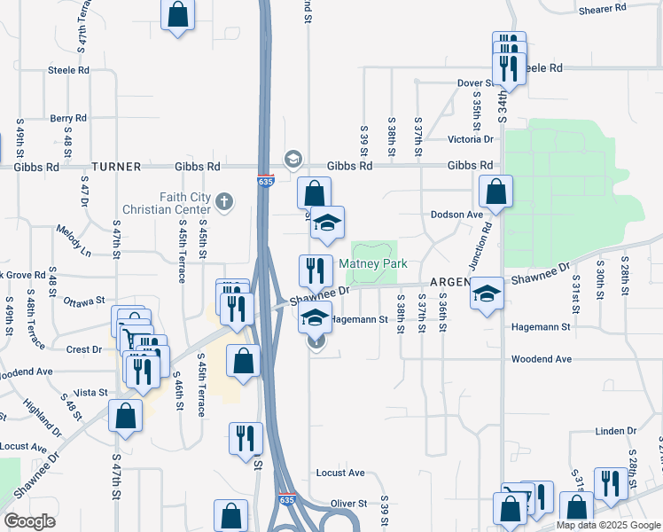 map of restaurants, bars, coffee shops, grocery stores, and more near 2570 South 42nd Street in Kansas City