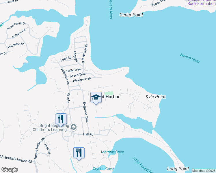 map of restaurants, bars, coffee shops, grocery stores, and more near Cedar Trail in Crownsville