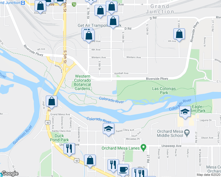 map of restaurants, bars, coffee shops, grocery stores, and more near 836 Struthers Avenue in Grand Junction
