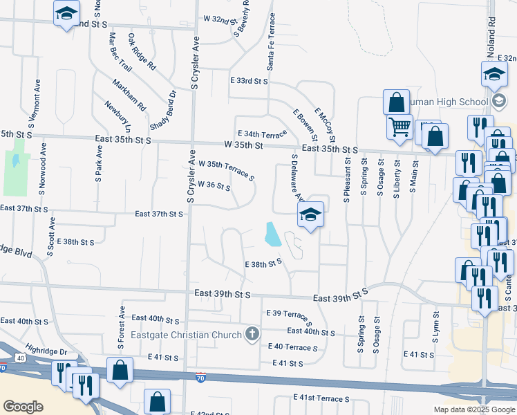 map of restaurants, bars, coffee shops, grocery stores, and more near 1100 West 36 Terrace South in Independence