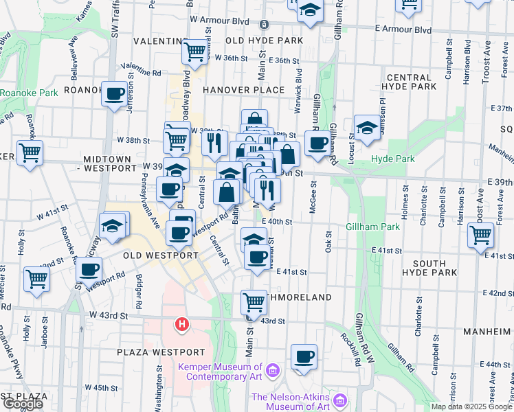 map of restaurants, bars, coffee shops, grocery stores, and more near 3931 Main Street in Kansas City