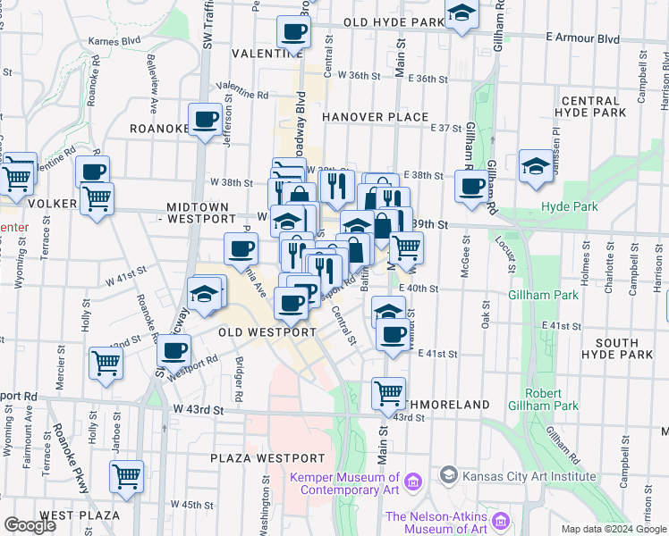 map of restaurants, bars, coffee shops, grocery stores, and more near 3925 Wyandotte Street in Kansas City