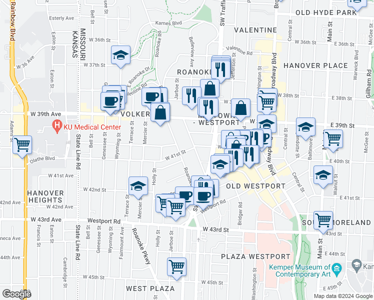 map of restaurants, bars, coffee shops, grocery stores, and more near 3947 Clark Avenue in Kansas City