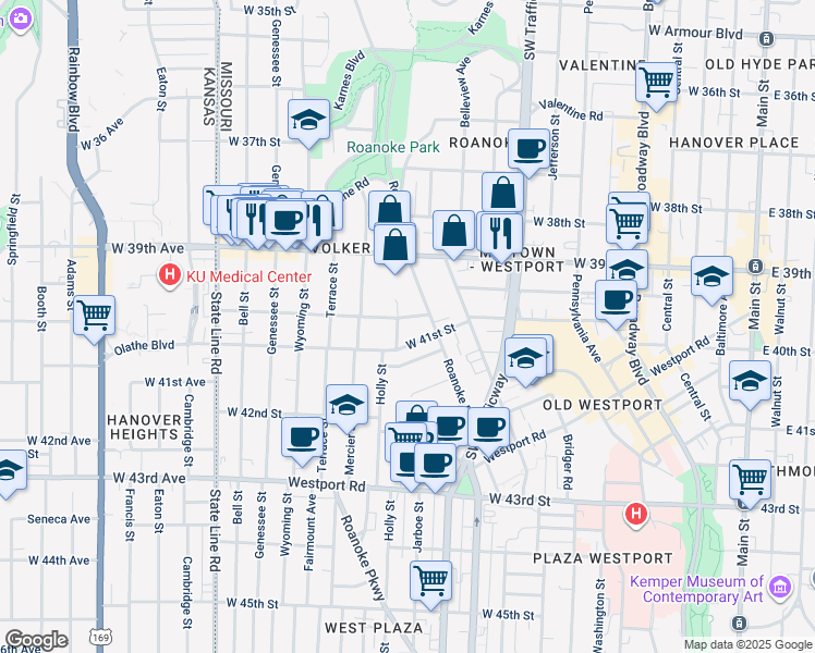 map of restaurants, bars, coffee shops, grocery stores, and more near 1202 West 40th Street in Kansas City