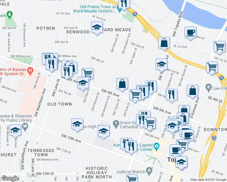 map of restaurants, bars, coffee shops, grocery stores, and more near 519 Southwest Taylor Street in Topeka