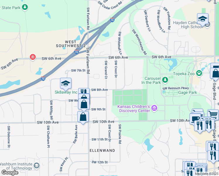 map of restaurants, bars, coffee shops, grocery stores, and more near 722 SW Grand Ct in Topeka