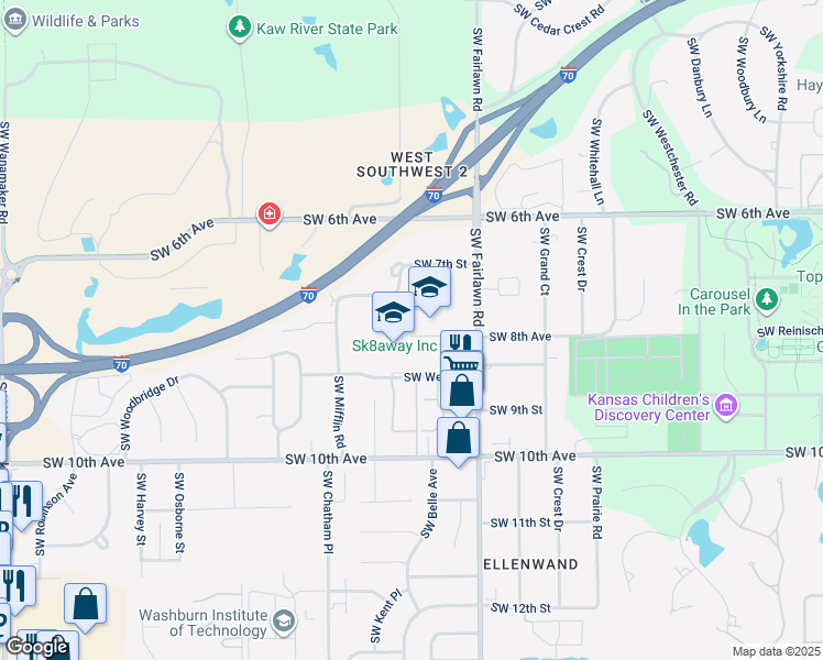map of restaurants, bars, coffee shops, grocery stores, and more near 5401 Southwest 7th Street in Topeka