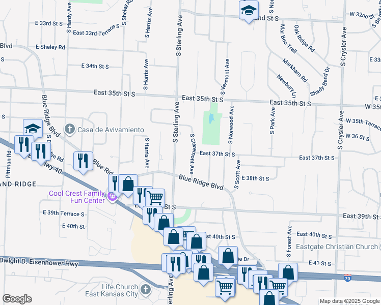 map of restaurants, bars, coffee shops, grocery stores, and more near 3700 South Claremont Avenue in Independence
