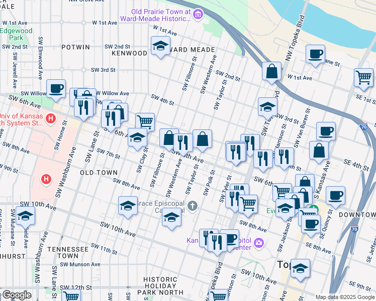map of restaurants, bars, coffee shops, grocery stores, and more near 811 Southwest 5th Street in Topeka