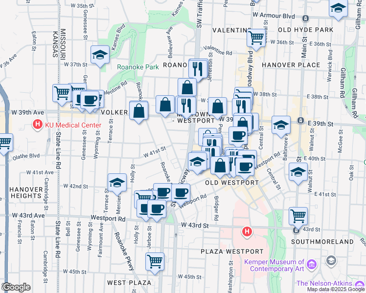 map of restaurants, bars, coffee shops, grocery stores, and more near 809 West 40th Street in Kansas City