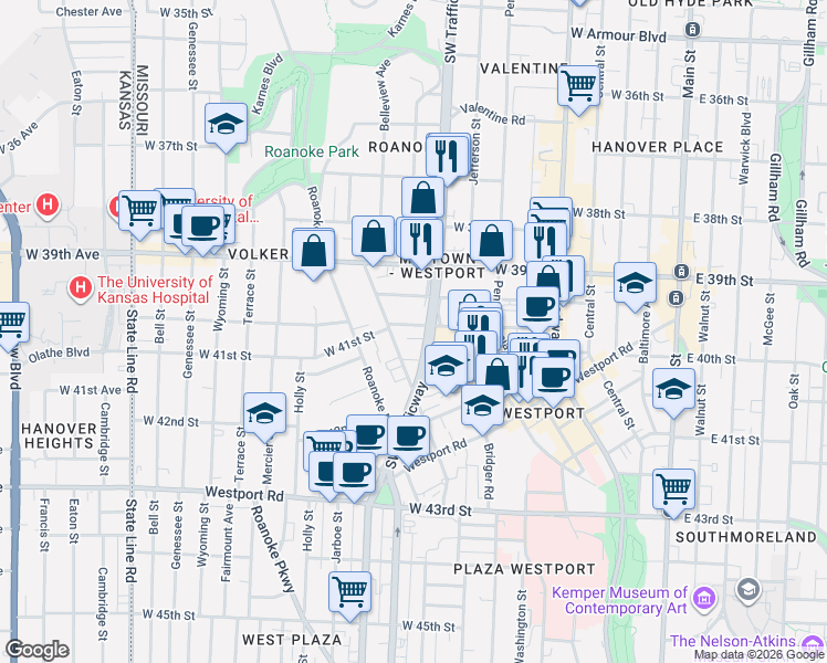 map of restaurants, bars, coffee shops, grocery stores, and more near 816 West 40th Street in Kansas City