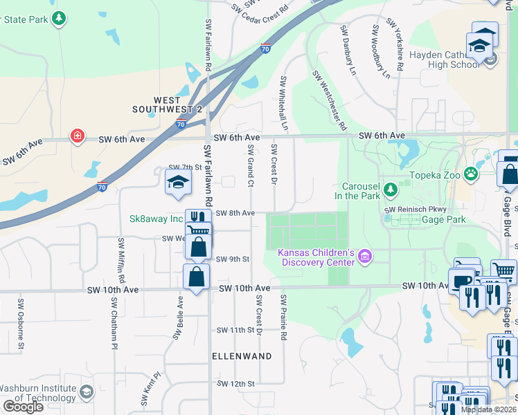 map of restaurants, bars, coffee shops, grocery stores, and more near 722 SW Grand Ct in Topeka