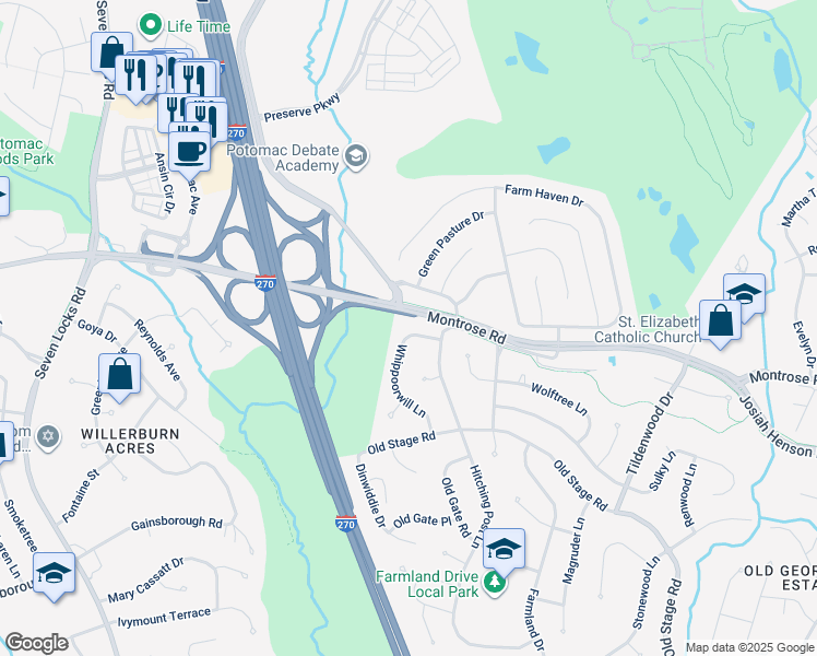 map of restaurants, bars, coffee shops, grocery stores, and more near 12114 Whippoorwill Lane in Rockville