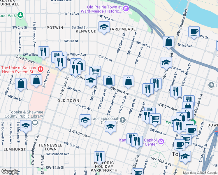 map of restaurants, bars, coffee shops, grocery stores, and more near 921 SW 6th Ave in Topeka