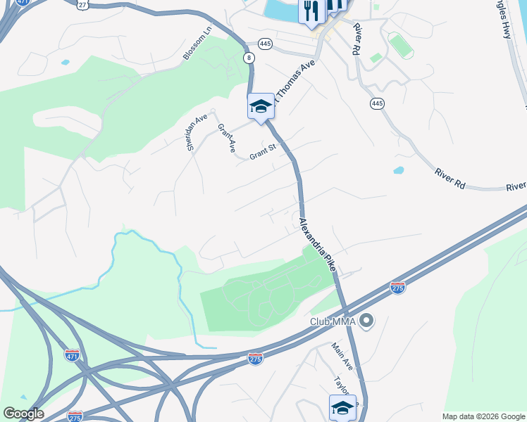map of restaurants, bars, coffee shops, grocery stores, and more near 1321 Alexandria Pike in Fort Thomas