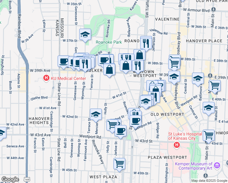 map of restaurants, bars, coffee shops, grocery stores, and more near 1115 West 40th Street in Kansas City