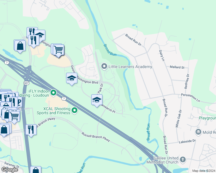 map of restaurants, bars, coffee shops, grocery stores, and more near 20281 Beechwood Terrace in Ashburn