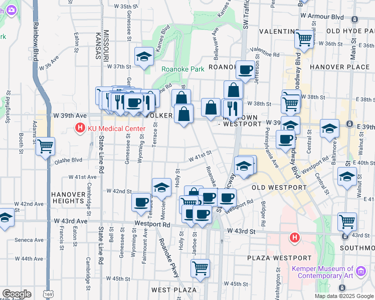 map of restaurants, bars, coffee shops, grocery stores, and more near 1125 West 40th Street in Kansas City