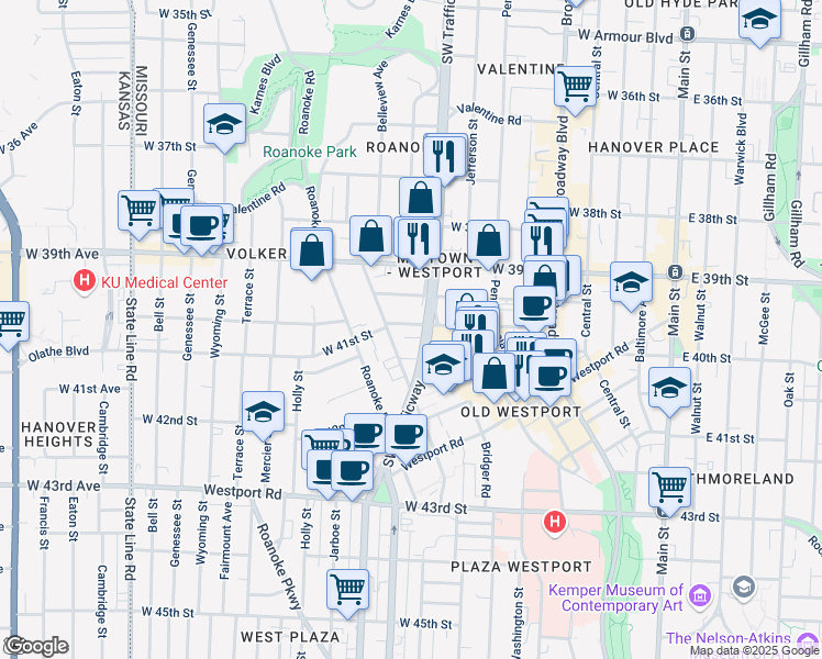 map of restaurants, bars, coffee shops, grocery stores, and more near 809 West 40th Street in Kansas City