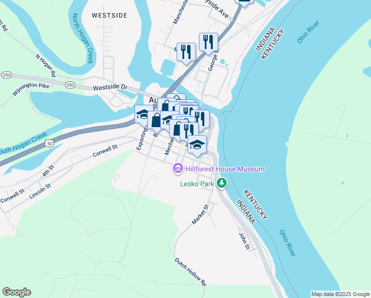 map of restaurants, bars, coffee shops, grocery stores, and more near 233 Main Street in Aurora