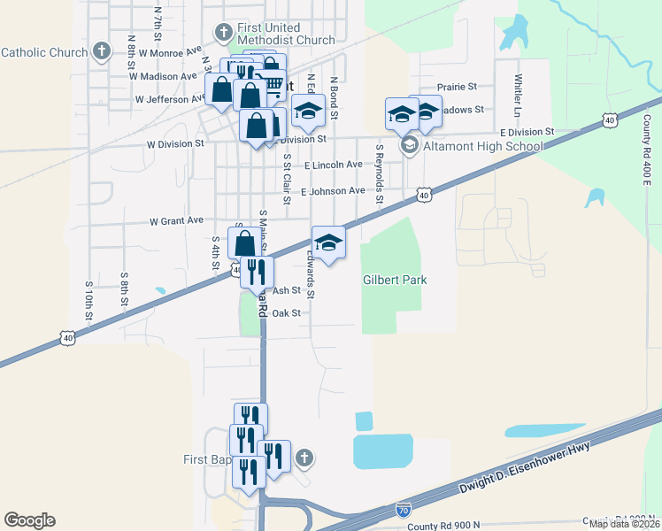 map of restaurants, bars, coffee shops, grocery stores, and more near 7 South Ewing Street in Altamont