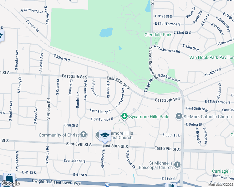 map of restaurants, bars, coffee shops, grocery stores, and more near 3514 Woodbury Street in Independence