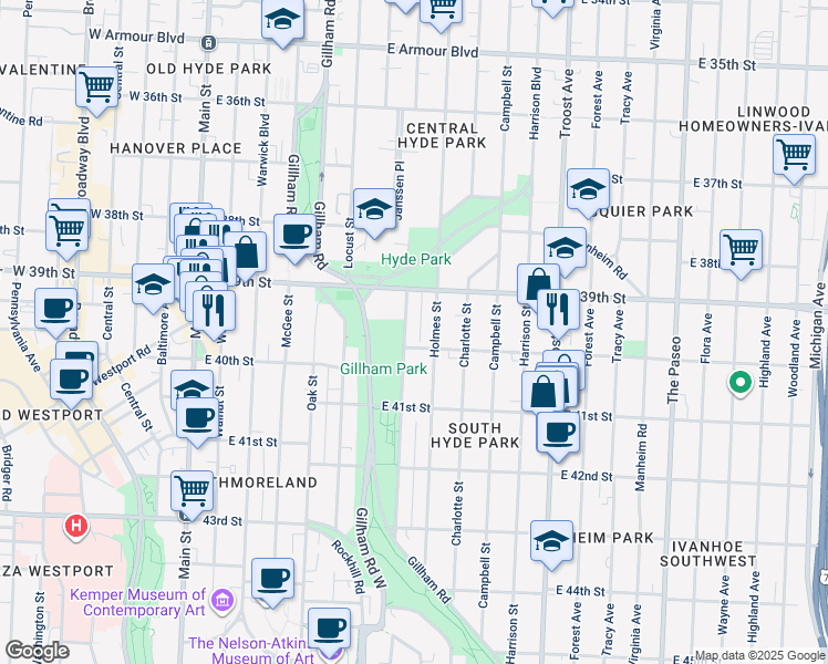 map of restaurants, bars, coffee shops, grocery stores, and more near 3923 Kenwood Avenue in Kansas City