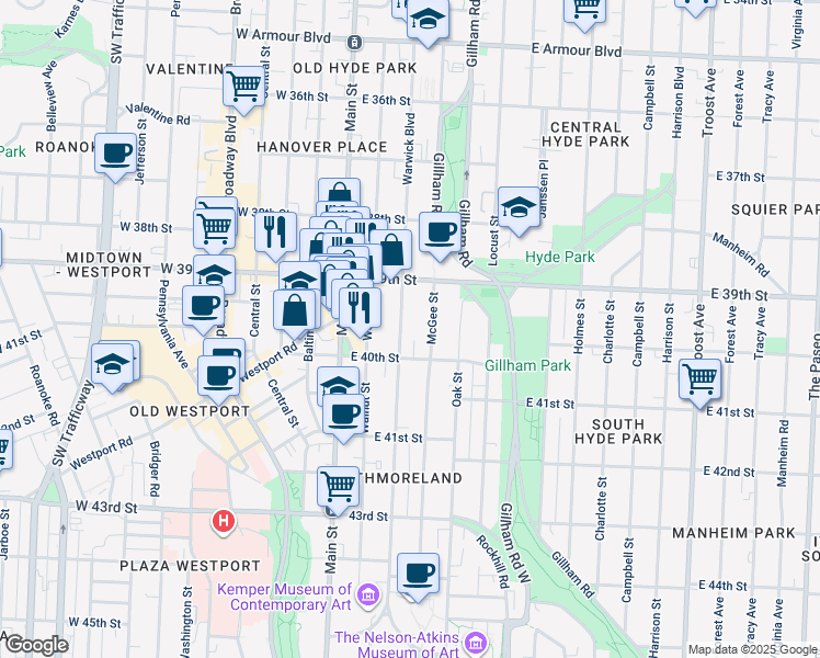 map of restaurants, bars, coffee shops, grocery stores, and more near 3924 Warwick Boulevard in Kansas City