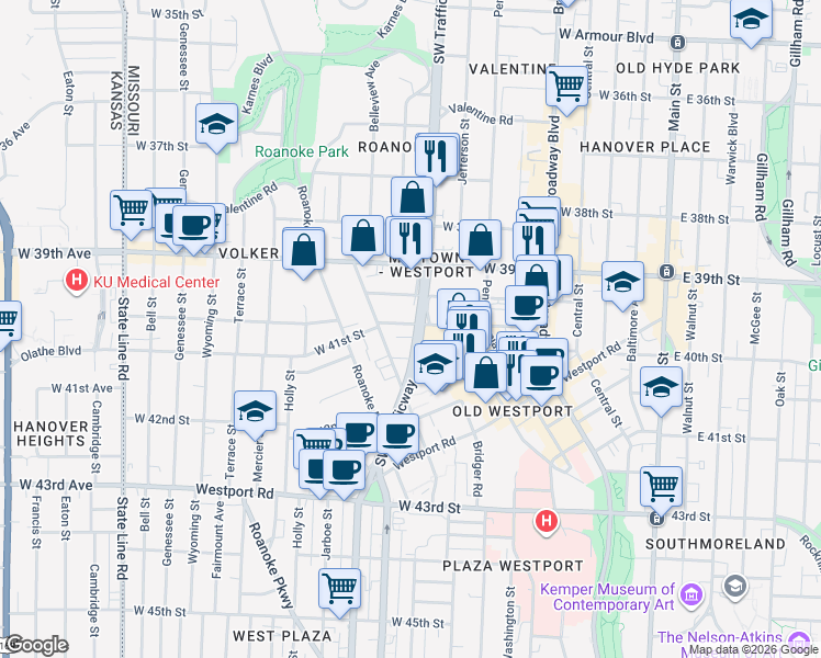 map of restaurants, bars, coffee shops, grocery stores, and more near 816 West 40th Street in Kansas City