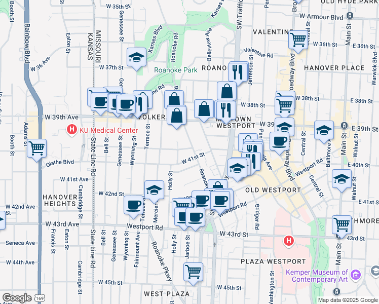 map of restaurants, bars, coffee shops, grocery stores, and more near 3944 Roanoke Road in Kansas City