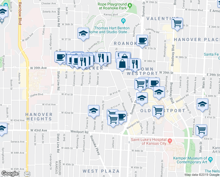 map of restaurants, bars, coffee shops, grocery stores, and more near 1202 West 40th Street in Kansas City