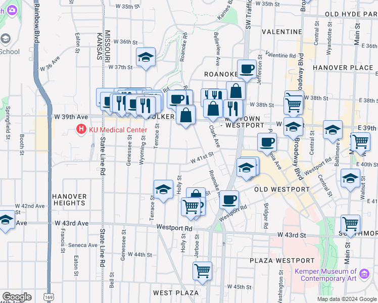 map of restaurants, bars, coffee shops, grocery stores, and more near 1202 West 40th Street in Kansas City