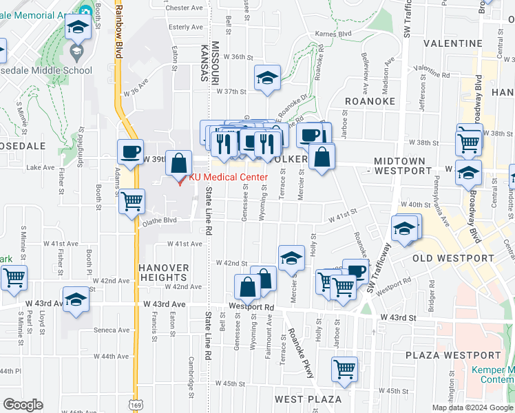 map of restaurants, bars, coffee shops, grocery stores, and more near 3939 Genessee Street in Kansas City