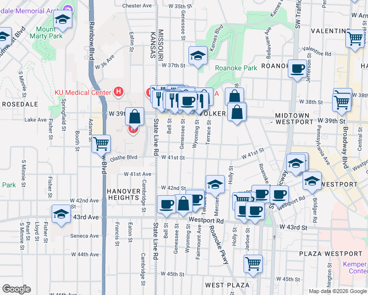 map of restaurants, bars, coffee shops, grocery stores, and more near 3939 Genessee Street in Kansas City