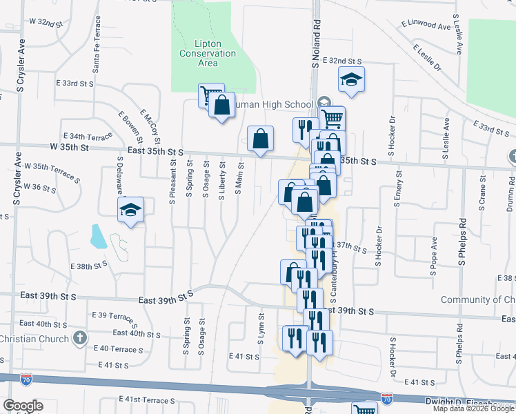 map of restaurants, bars, coffee shops, grocery stores, and more near 3536 South Lynn Street in Independence