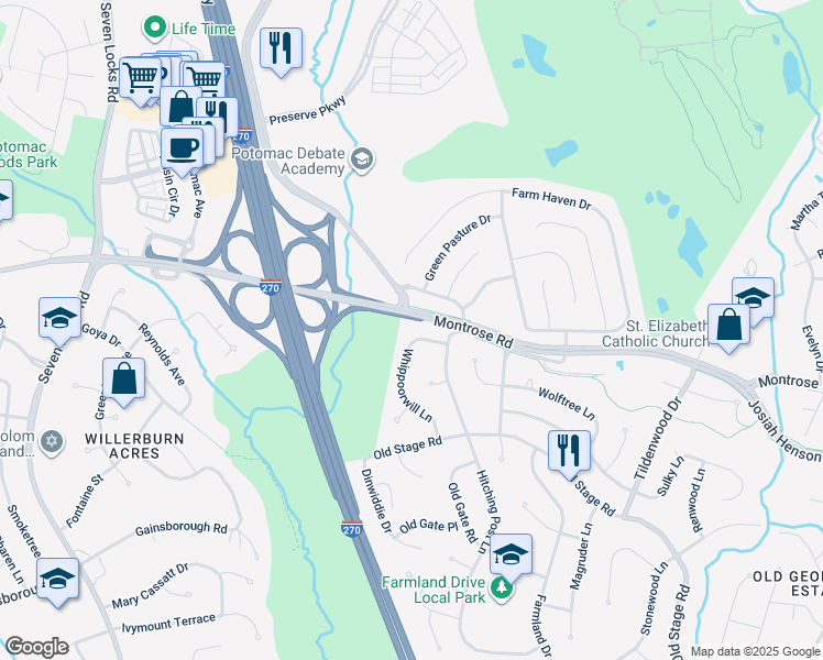 map of restaurants, bars, coffee shops, grocery stores, and more near 12114 Whippoorwill Lane in Rockville