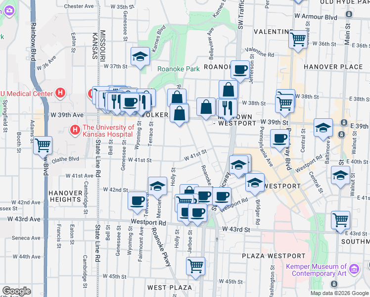 map of restaurants, bars, coffee shops, grocery stores, and more near 1119 West 40th Street in Kansas City