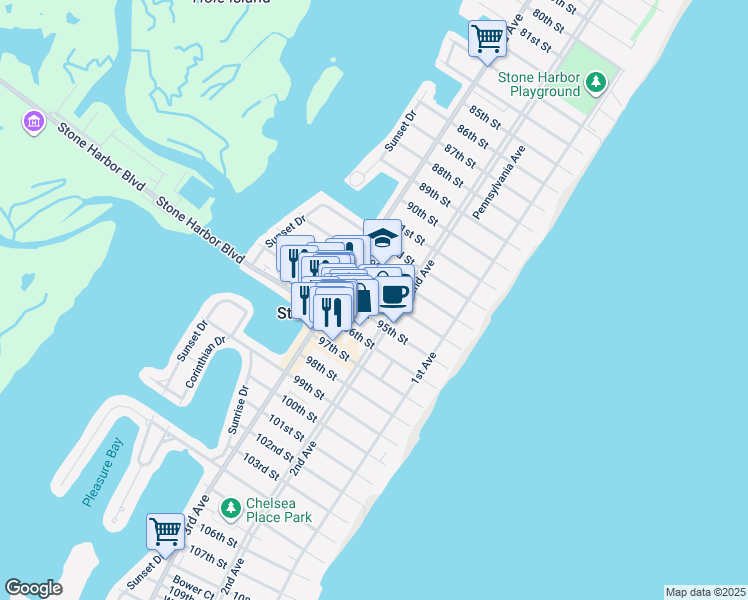map of restaurants, bars, coffee shops, grocery stores, and more near 255 94th Street in Stone Harbor