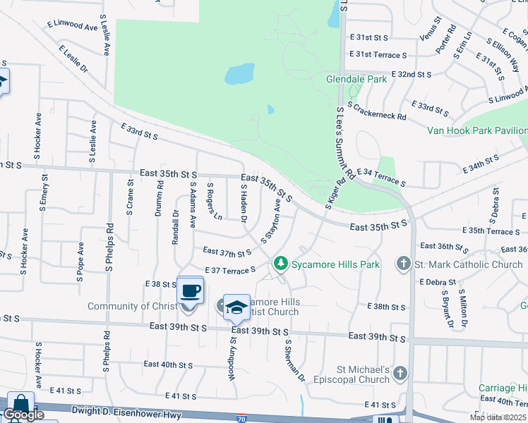 map of restaurants, bars, coffee shops, grocery stores, and more near 3514 Woodbury Street in Independence