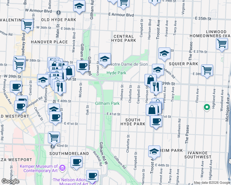 map of restaurants, bars, coffee shops, grocery stores, and more near 3923 Kenwood Avenue in Kansas City